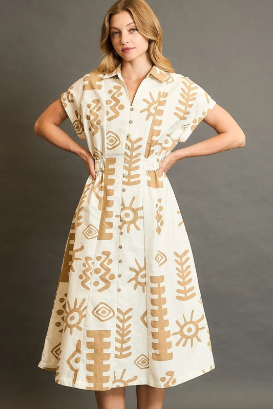 Umgee Full Size Abstract Print Elastic Waist Midi Dress Plus Size.