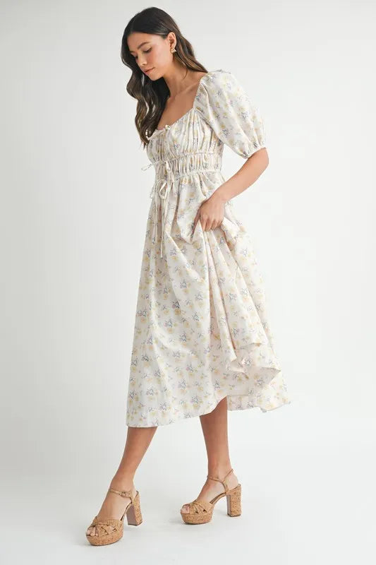 MABLE Floral Drawstring Detail Puff Sleeve Midi Dress.