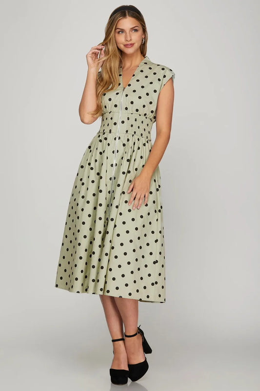 She + Sky Front Zip Polka Dots Cap Sleeve Midi Dress.