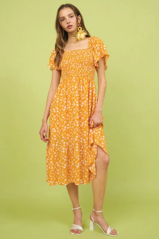 Mittoshop Flower Print Flutter Sleeve Smocked Midi Dress.