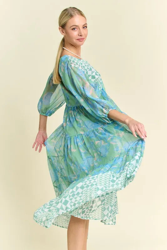 Davi & Dani Geo and Floral Print Mixed Tiered Dress.