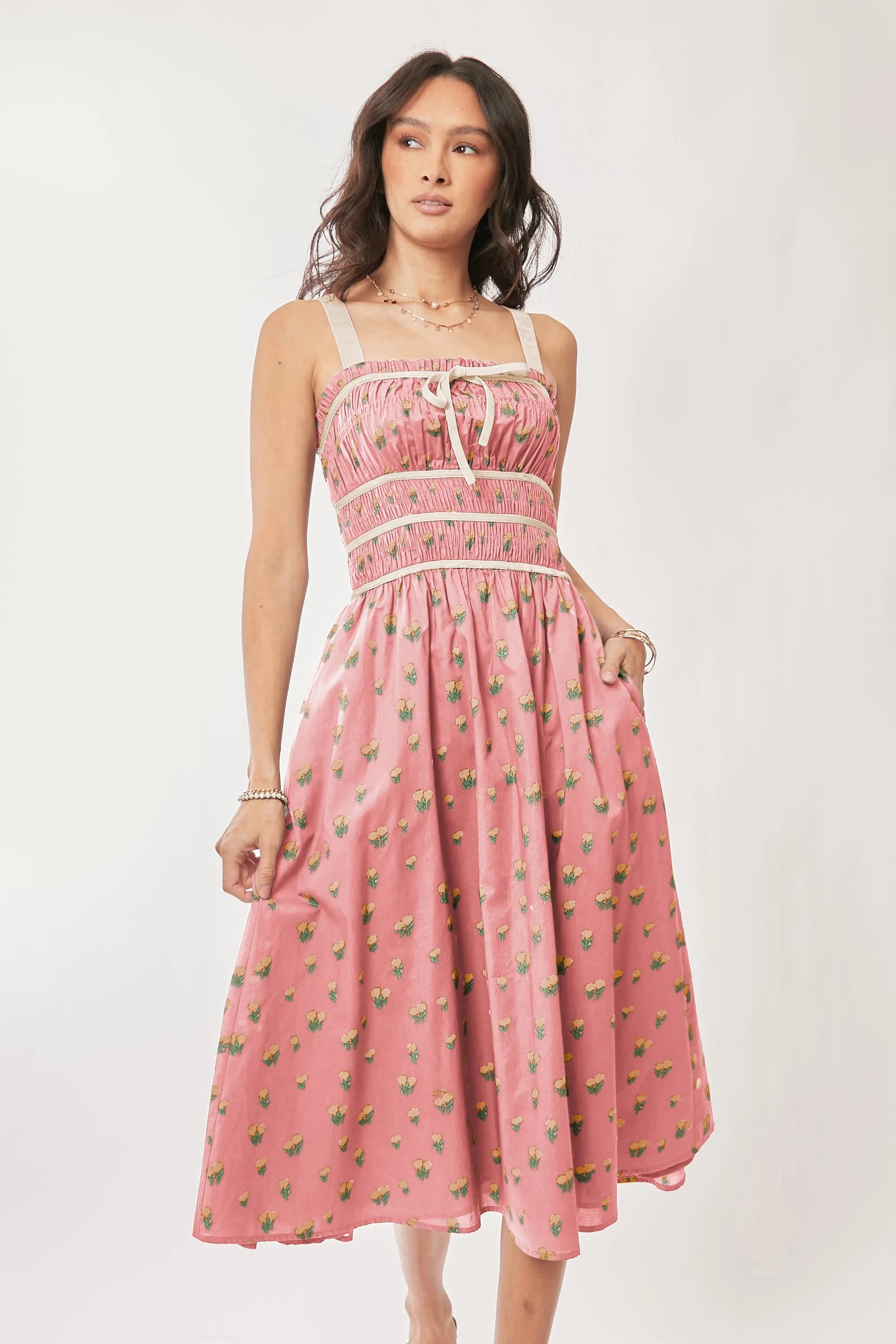 Davi & Dani Contrast Velvet Tape Smocking Bodice Midi Dress.