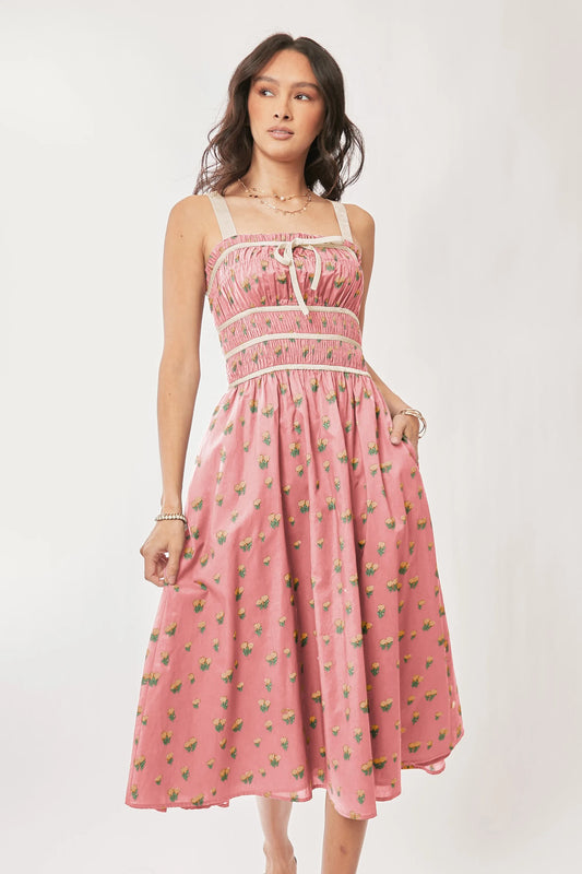 Davi & Dani Contrast Velvet Tape Smocking Bodice Midi Dress.