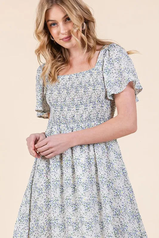 Lime 'N' Chili Smocked Floral Print Flutter Sleeve Midi Dress.