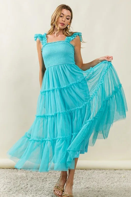 BiBi Frill Mesh Tiered Midi Dress.
