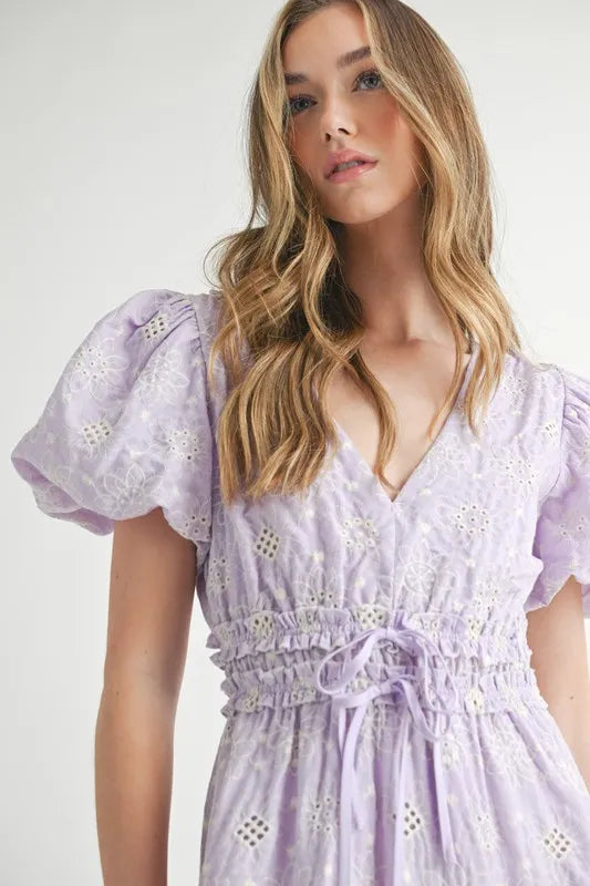 MABLE Eyelet Lace Puff Sleeve V Neck Midi Dress.