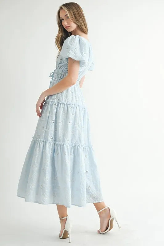 MABLE Eyelet Lace Puff Sleeve V Neck Midi Dress.