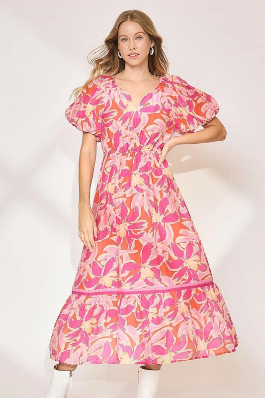 Umgee Floral Notched Puff Sleeve Midi Dress.