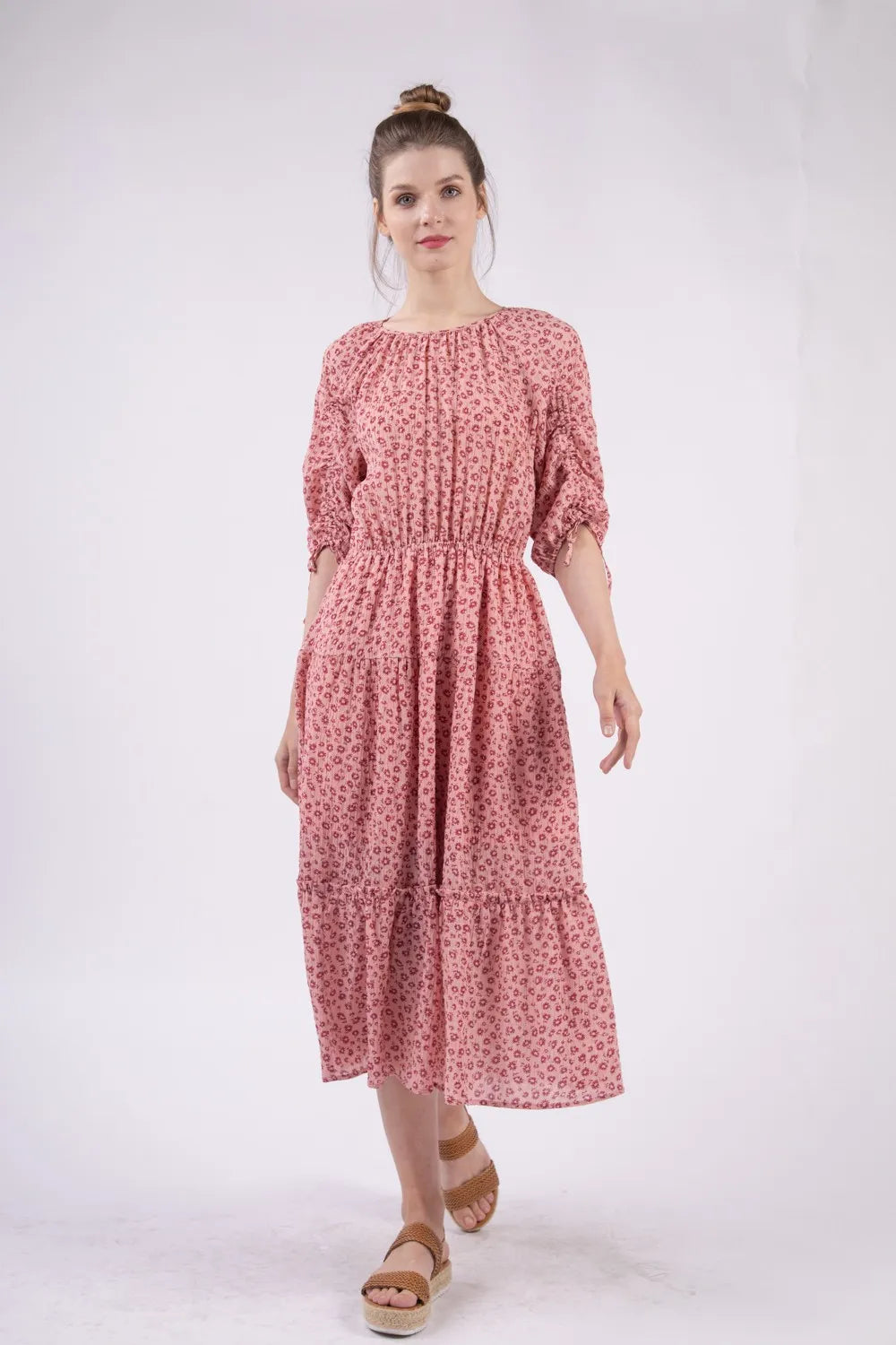VERY J Floral Round Neck Tiered Midi Dress.
