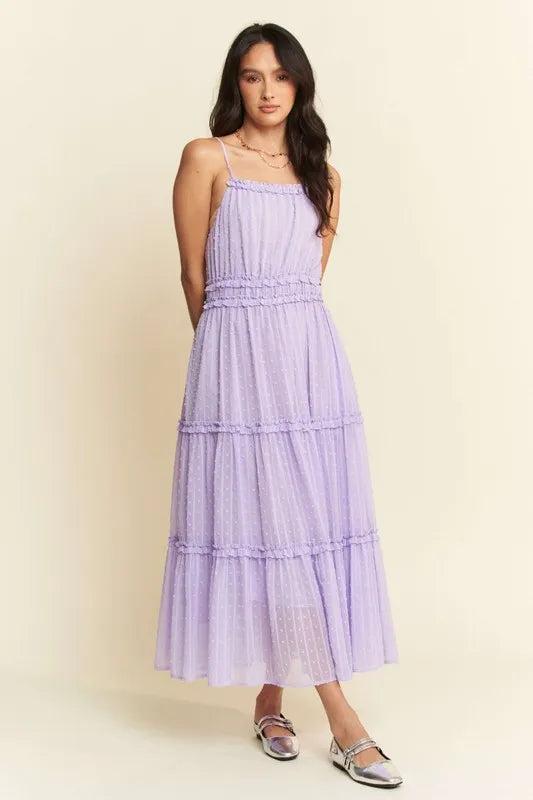 Davi & Dani Texture Swiss Dot Ruffle Square Neck Midi Dress.