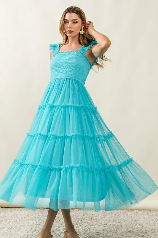 BiBi Frill Mesh Tiered Midi Dress.