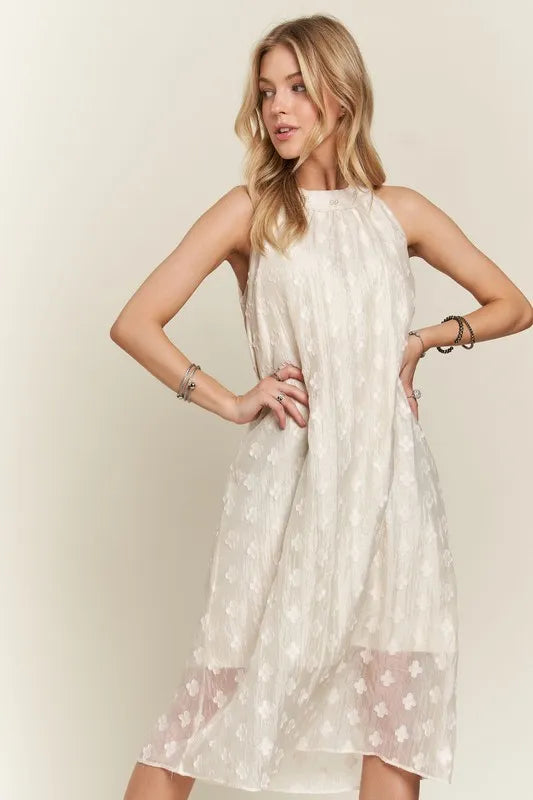 ADORA Applique Pearl Detail Grecian Neck Midi Dress.
