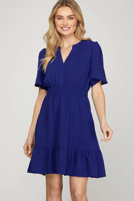 She + Sky Ruffled Hem Notched Flutter Sleeve Mini Dress.