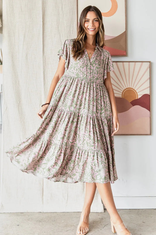 Mittoshop Abstract Print Ruffle Tier Midi Dress.