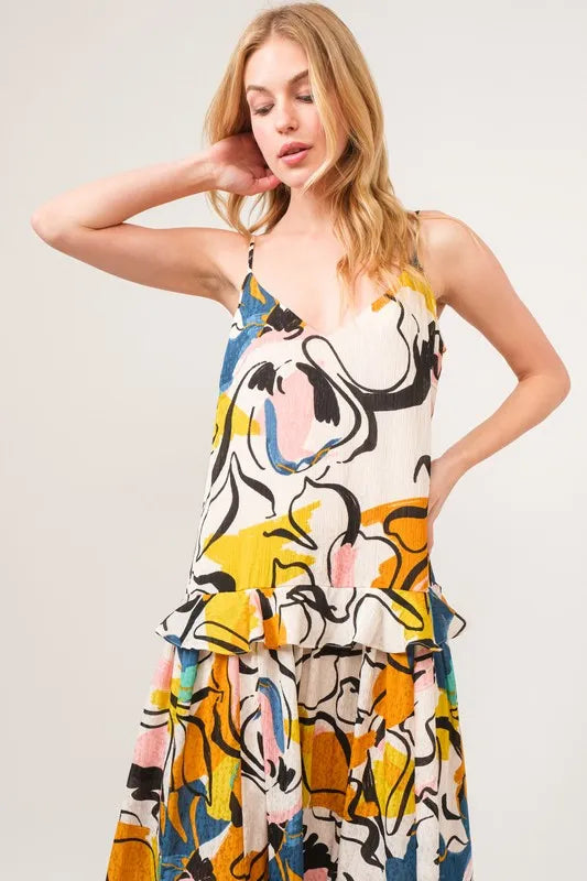 And The Why Ruffled Abstract Floral Printed Midi Cami Dress.