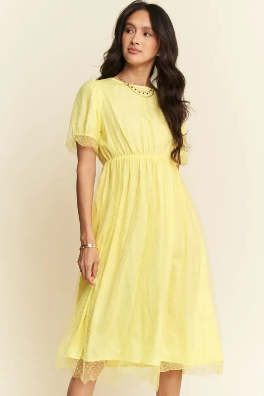 Davi & Dani Mesh Puff Short Sleeve Midi Dress.