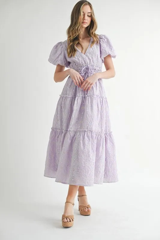 MABLE Eyelet Lace Puff Sleeve V Neck Midi Dress.