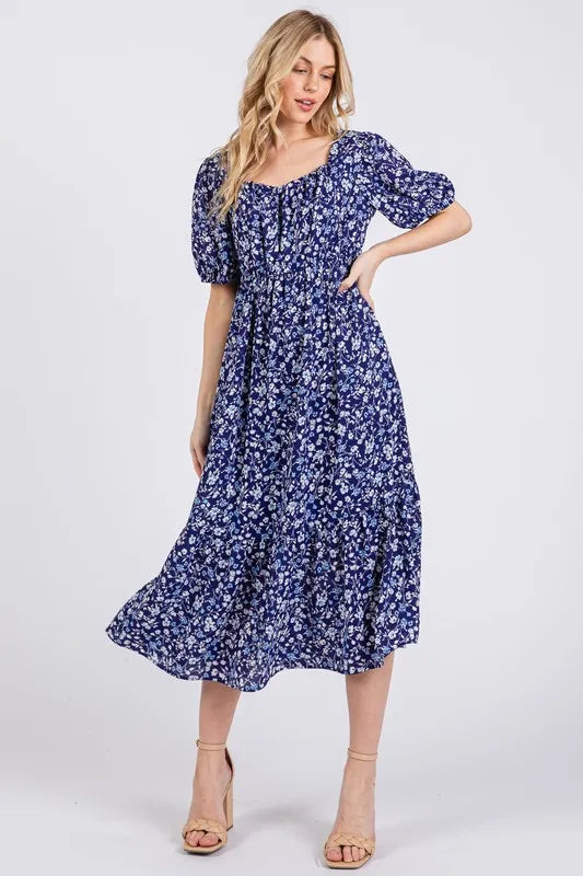Ces Femme Floral Square Neck Puff Sleeve Midi Dress.