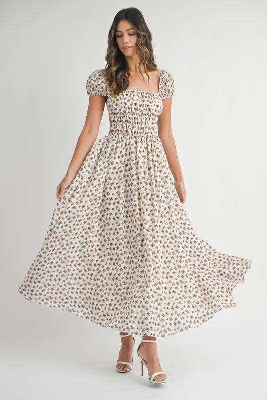 MABLE Floral Print Puff Sleeve Gathered Midi Dress.