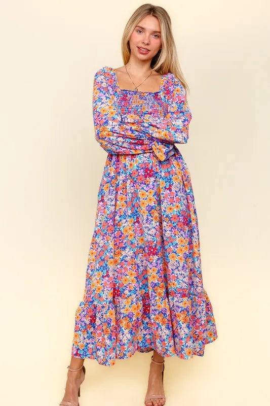 Haptics Smocked Floral Square Neck Flounce Sleeve Dress.