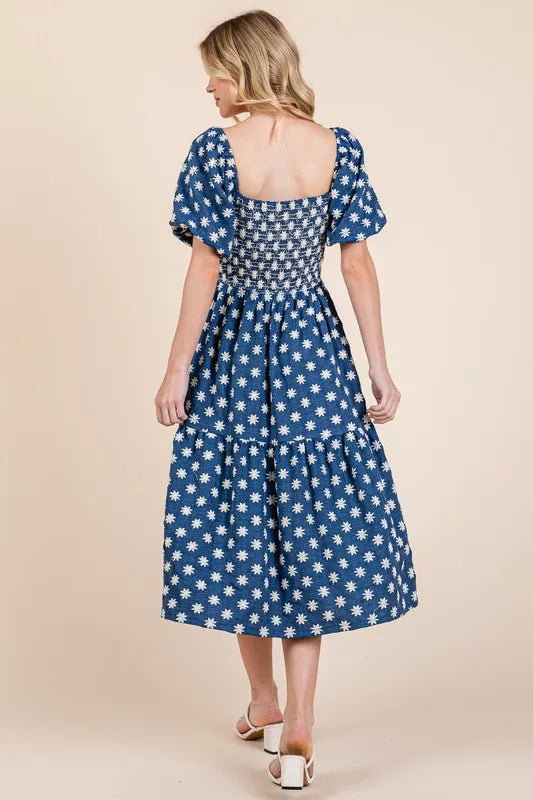 GeeGee Floral Embroidered Smocked Puff Sleeve Tiered Midi Dress.
