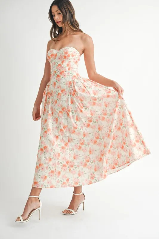 MABLE Sweetheart Neckline Floral Printed Midi Dress.