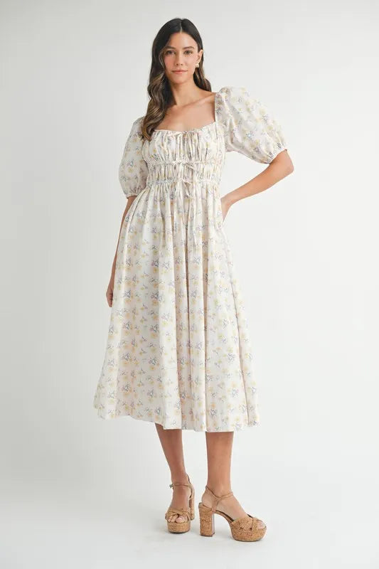 MABLE Floral Drawstring Detail Puff Sleeve Midi Dress.