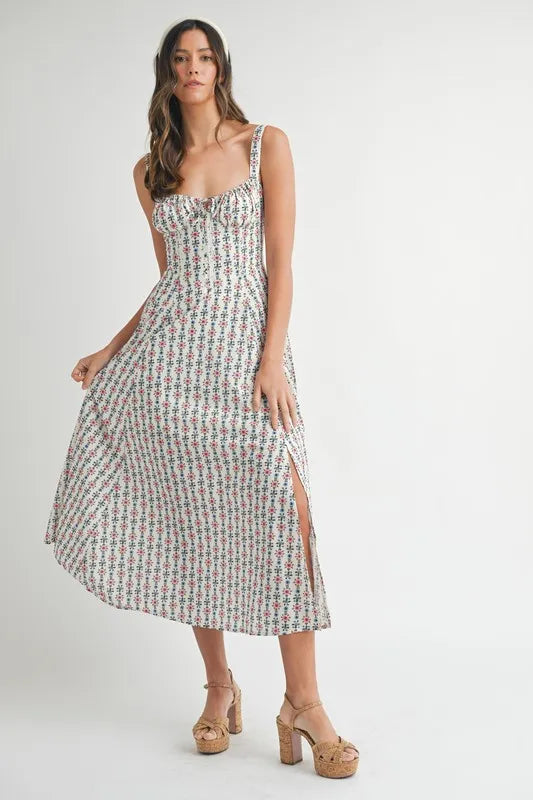 MABLE Floral Print Bustier Back Lace Up Midi Dress.