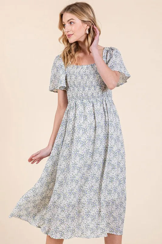 Lime 'N' Chili Smocked Floral Print Flutter Sleeve Midi Dress.