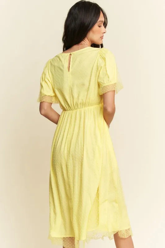 Davi & Dani Mesh Puff Short Sleeve Midi Dress.