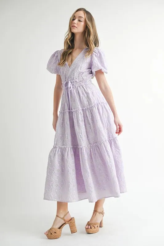 MABLE Eyelet Lace Puff Sleeve V Neck Midi Dress.