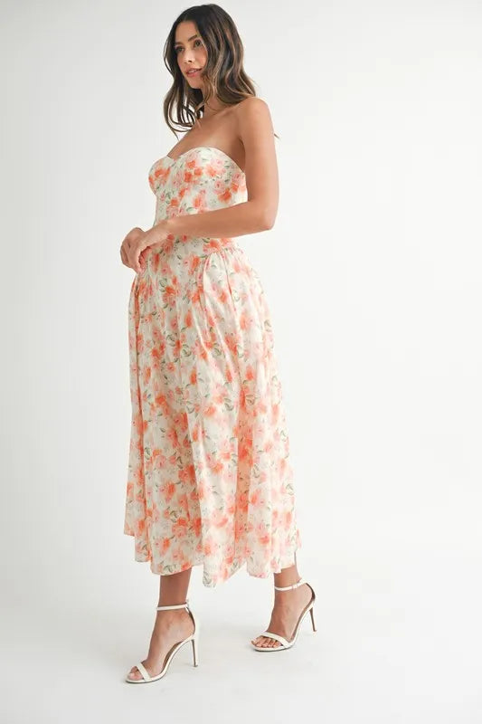 MABLE Sweetheart Neckline Floral Printed Midi Dress.