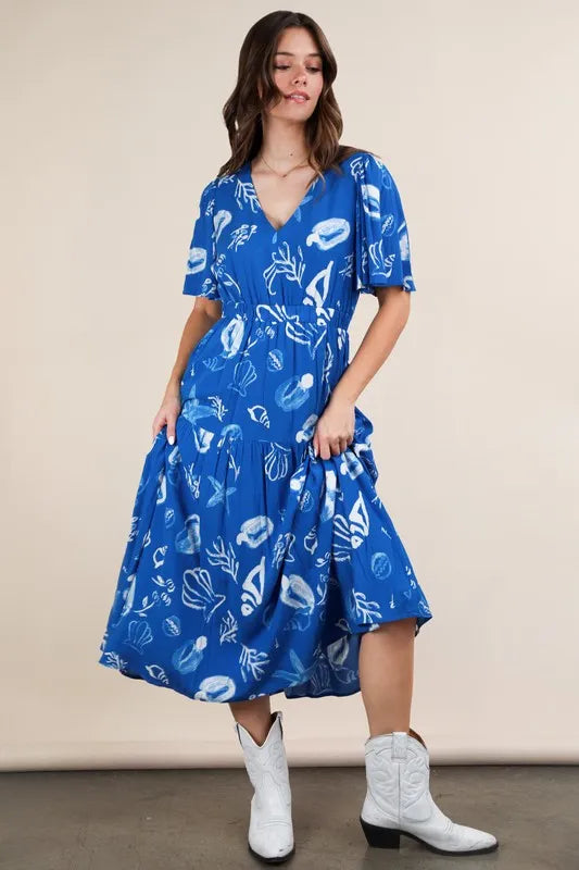 VERY J Printed V-Neck Resort Midi Dress.