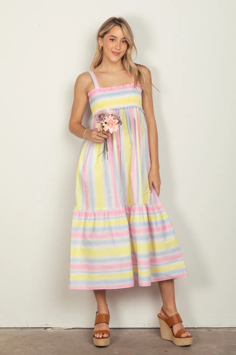 VERY J Striped Woven Smocked Midi Cami Dress.