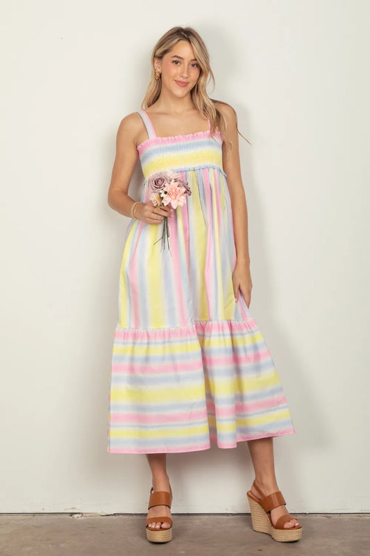 VERY J Striped Woven Smocked Midi Cami Dress.