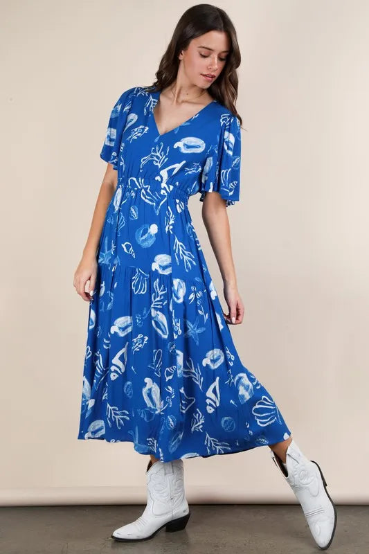 VERY J Printed V-Neck Resort Midi Dress.