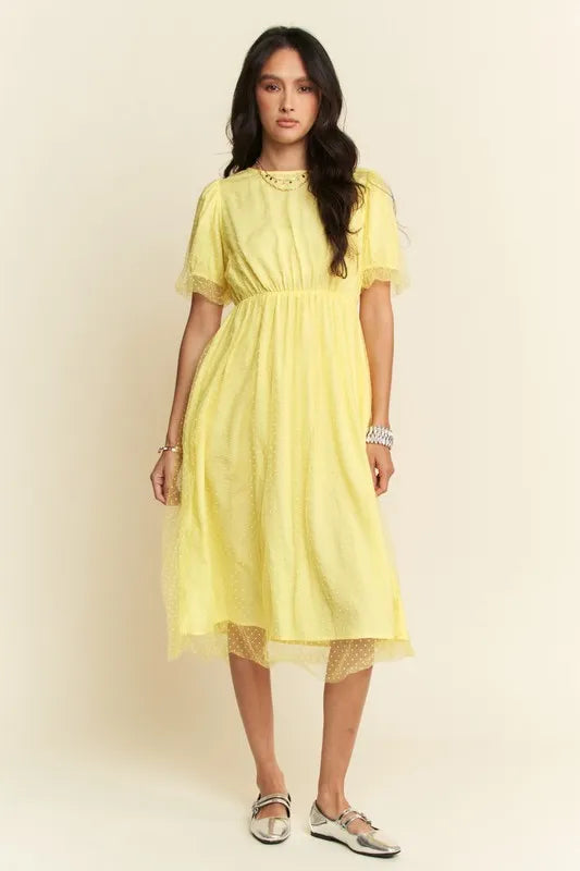 Davi & Dani Mesh Puff Short Sleeve Midi Dress.
