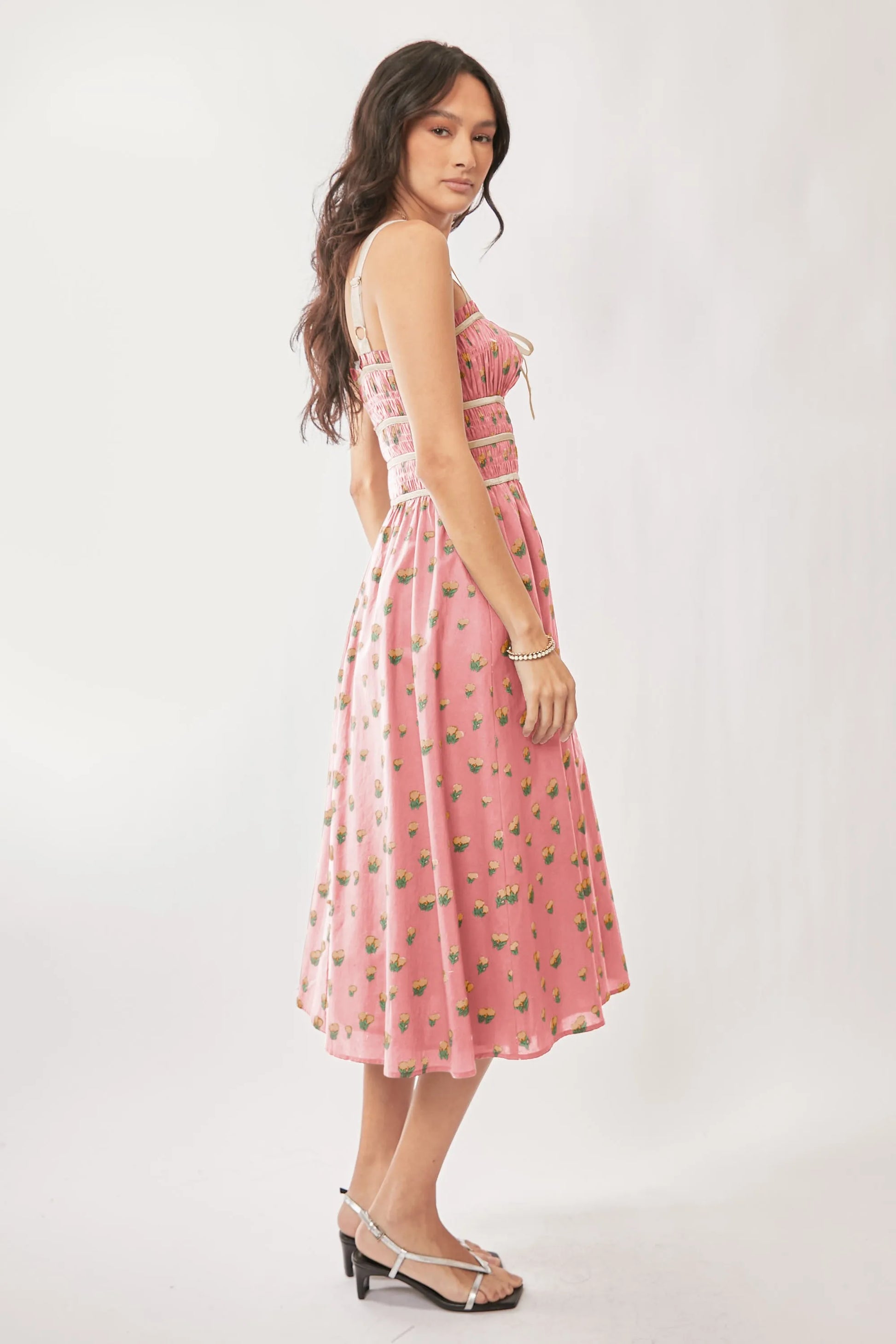 Davi & Dani Contrast Velvet Tape Smocking Bodice Midi Dress.