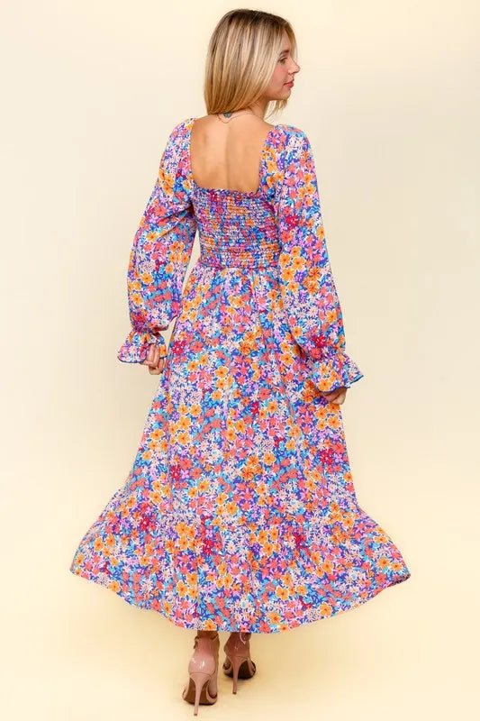Haptics Smocked Floral Square Neck Flounce Sleeve Dress.