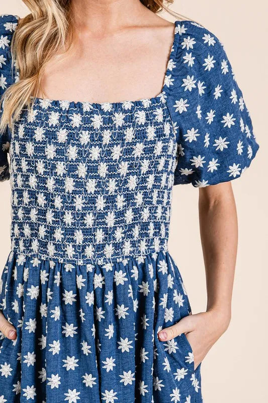 GeeGee Floral Embroidered Smocked Puff Sleeve Tiered Midi Dress.