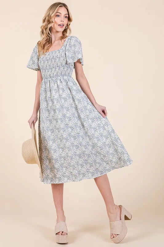 Lime 'N' Chili Smocked Floral Print Flutter Sleeve Midi Dress.