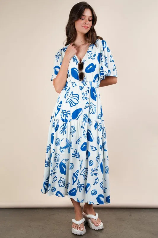 VERY J Printed V-Neck Resort Midi Dress.
