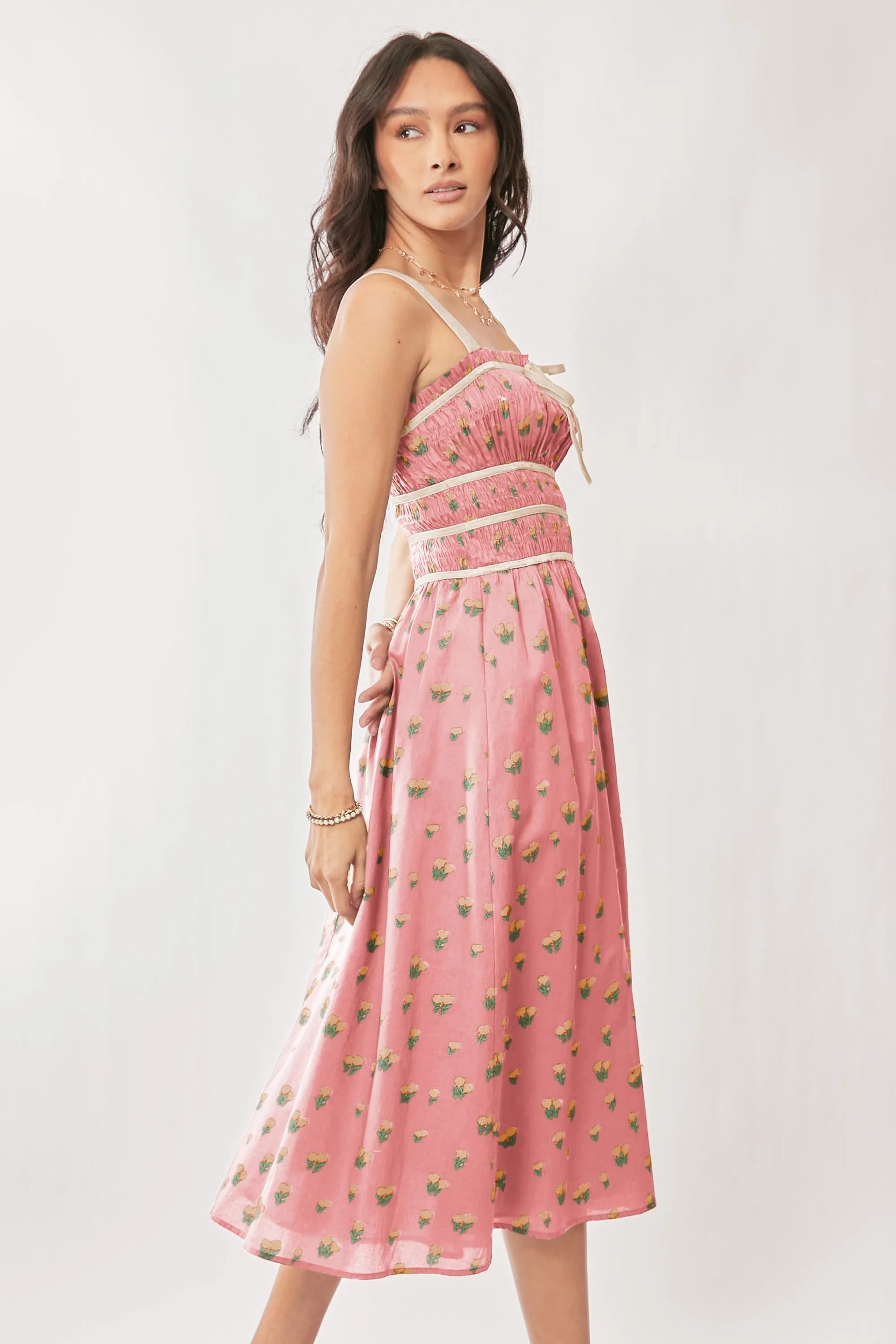 Davi & Dani Contrast Velvet Tape Smocking Bodice Midi Dress.