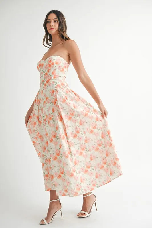 MABLE Sweetheart Neckline Floral Printed Midi Dress.