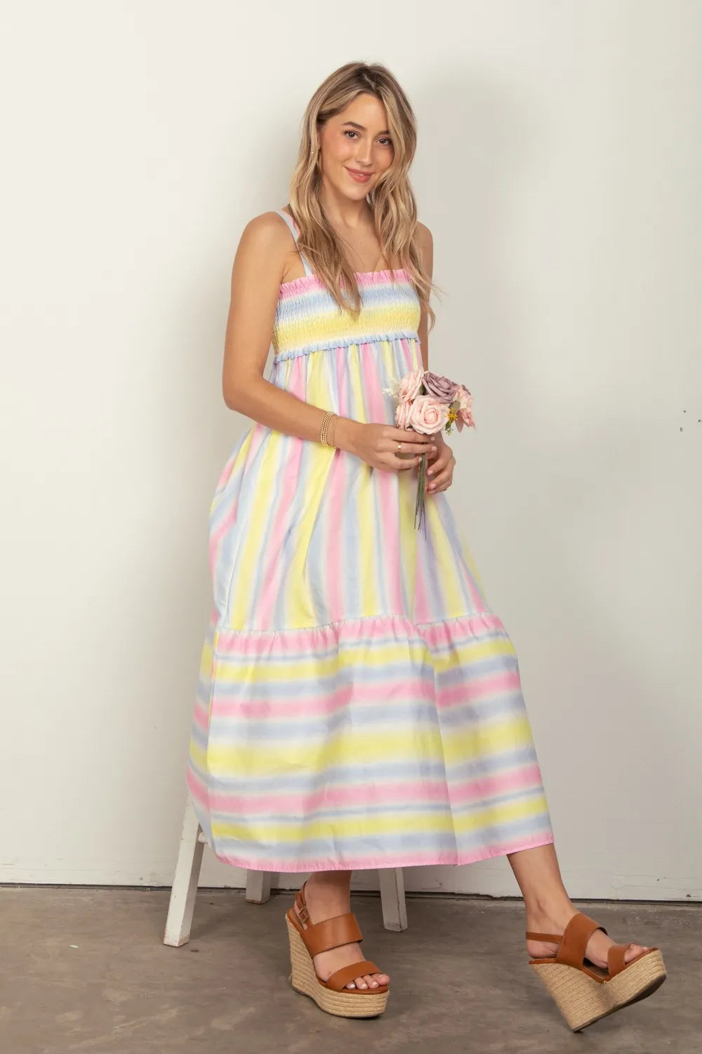 VERY J Striped Woven Smocked Midi Cami Dress.