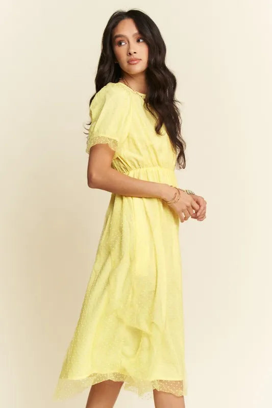 Davi & Dani Mesh Puff Short Sleeve Midi Dress.