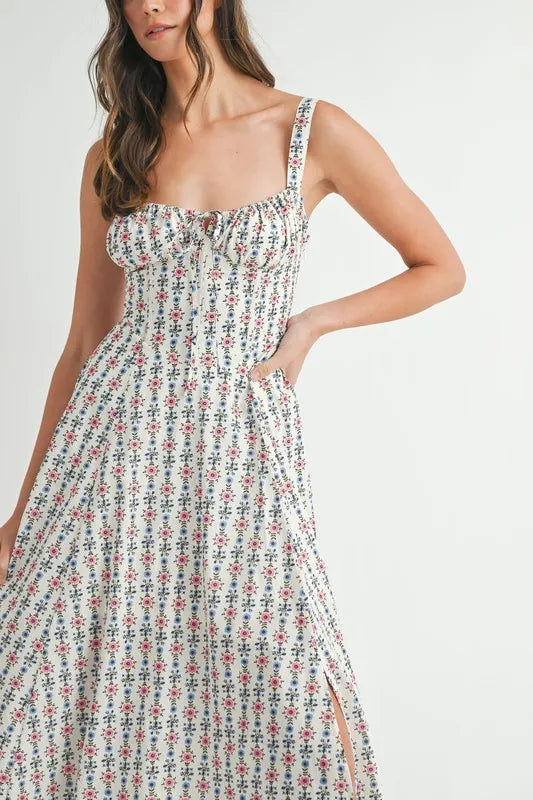 MABLE Floral Print Bustier Back Lace Up Midi Dress.