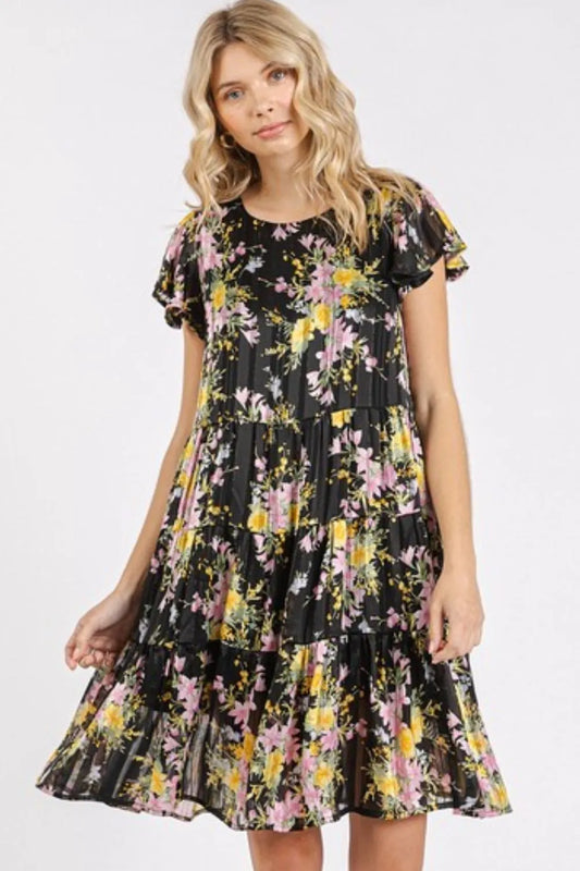 Mittoshop Flower Print Round Neck Flutter Sleeve Tiered Dress.