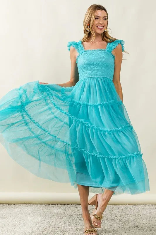 BiBi Frill Mesh Tiered Midi Dress.