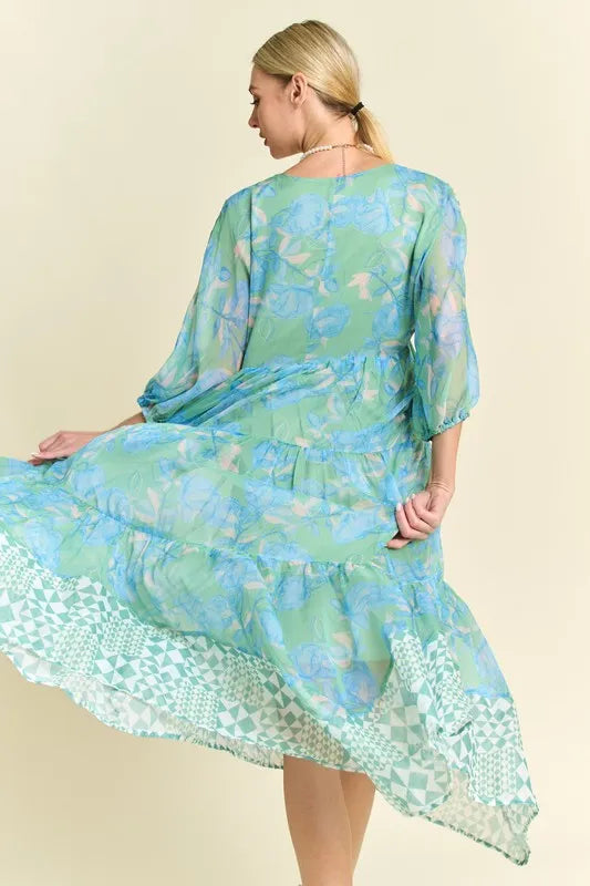 Davi & Dani Geo and Floral Print Mixed Tiered Dress.